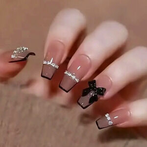 24 Pcs Women's Girls Black French Tip Nails with Bows